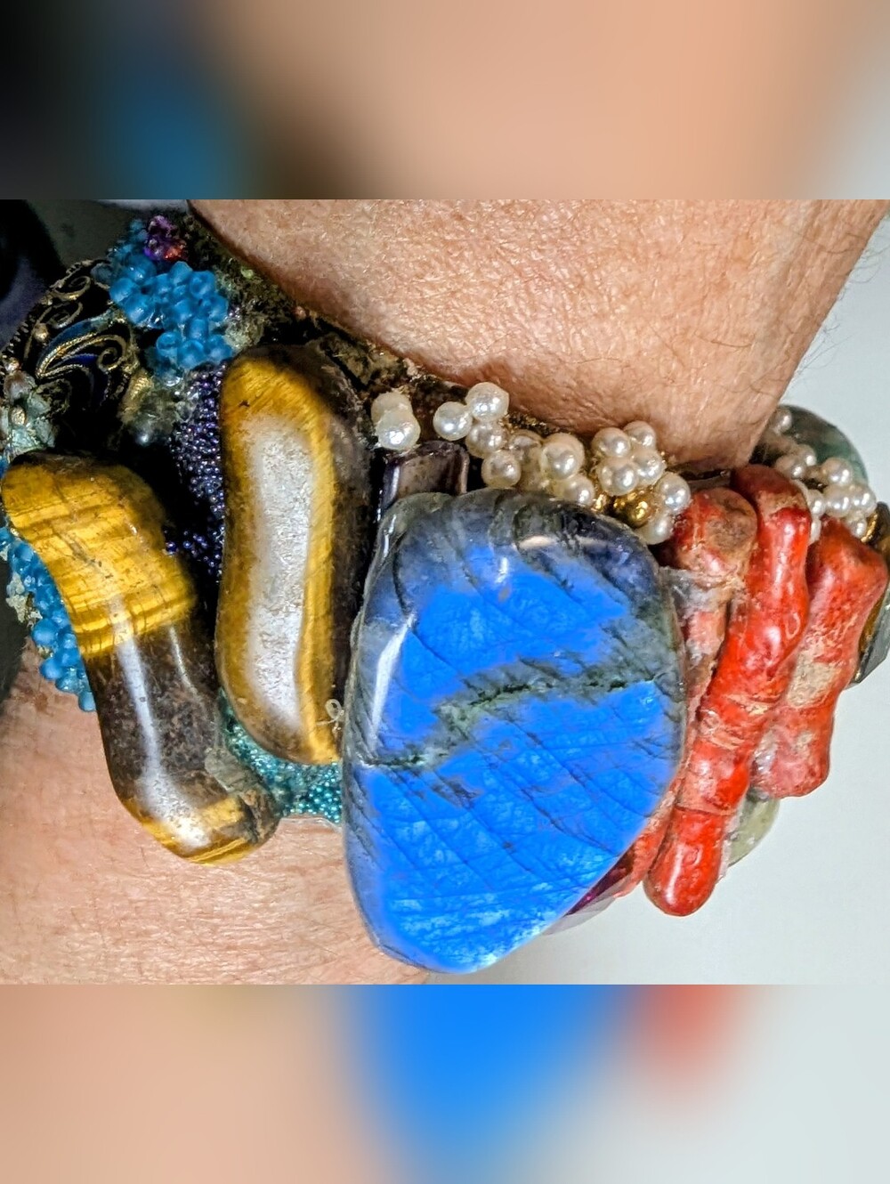Wendy Gell bracelet gorgeous stones coral tiger eye labradorite.